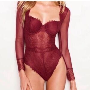 Victoria's Secret Burgundy Lace Mesh Long Sleeve Bodysuit 32C‎ Small